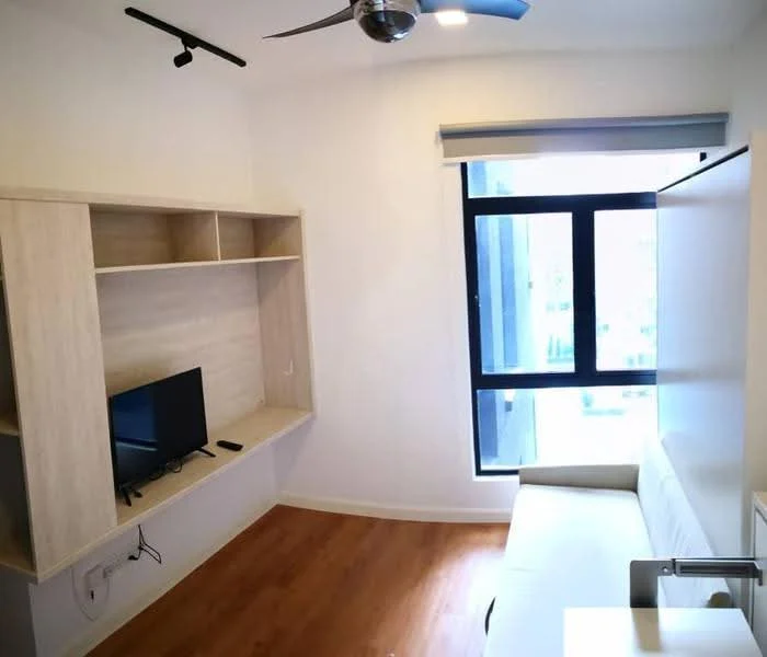 Room features: light wood flooring, white painted walls, ceiling fan, built-in shelving unit, wall-mounted TV, large window, sofa, natural light; style: modern.