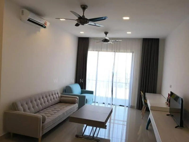 Living features: 3-seater fabric sofa in light grey, accent chair in teal, coffee table with metal base, TV console, wall-mounted TV, floor-to-ceiling sliding glass door, curtains, 2-blade ceiling fans, recessed LED downlights, marble tile flooring, white painted walls, decorative wall art; style: modern; view: city.