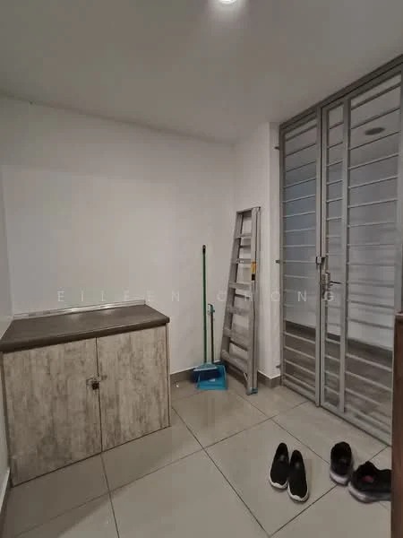 Laundry features: grey tiled flooring, white painted walls, wooden cabinetry with a textured finish, stainless-steel sink, sliding glass door, cleaning supplies (broom and mop), step ladder, shoes on the floor; style: modern.