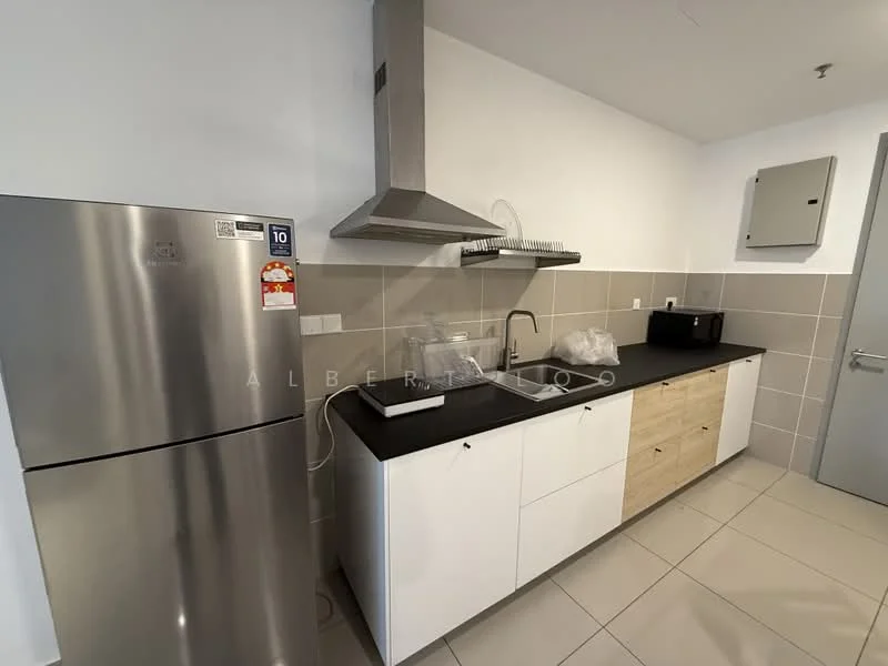 Kitchen features: stainless-steel fridge, black countertop, white cabinetry with wood accents, built-in oven, stainless-steel range hood, single-bowl stainless-steel sink, chrome pull-down faucet, ceramic tile flooring, grey tiled backsplash, under-cabinet lighting, wall-mounted electrical panel; style: modern.