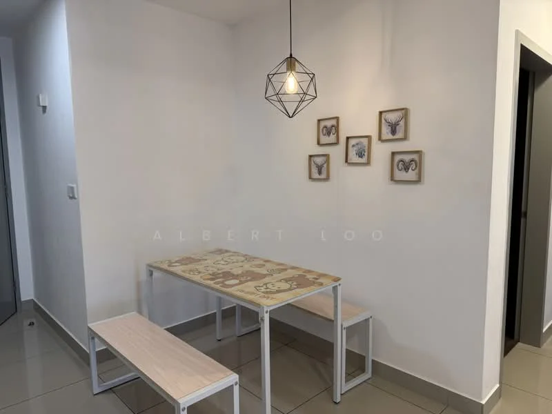 Dining features: rectangular dining table with patterned top, two wooden benches, white painted walls, tile flooring, geometric pendant light, four framed artworks on the wall; style: modern.