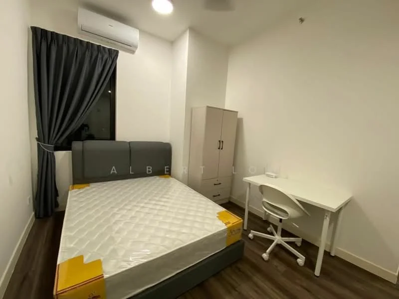 Bedroom features: queen-size bed, upholstered headboard, white bedding, study desk, white chair, built-in wardrobe with grey doors, floor-to-ceiling window, grey curtains, wood laminate flooring, wall-mounted air conditioning unit, recessed ceiling lights; style: modern.