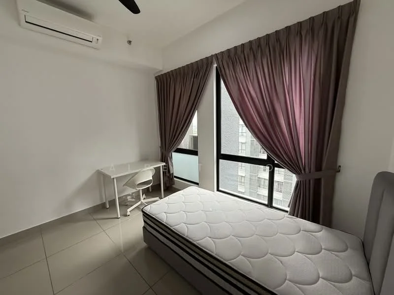 Bedroom features: white painted walls, grey tiled flooring, 5-blade ceiling fan, floor-to-ceiling windows, sheer curtains, dark purple blackout curtains, single bed mattress, study desk, white chair, air conditioning unit; style: modern; view: city.