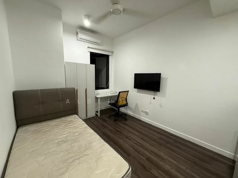 Bedroom features: single bed frame, mattress, grey upholstered headboard, wooden flooring, wall-mounted TV, desk with chair, window with roller blinds, wall-mounted air conditioning unit, built-in wardrobe with sliding doors; style: modern.