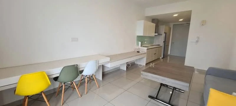 Living features: grey fabric sofa, coffee table with wooden top, white walls, tile flooring, built-in kitchen with light wood cabinetry, stainless-steel fridge, kitchen countertop with green backsplash, dining table with white surface, 3 dining chairs in yellow, green, and grey, recessed lighting; style: modern.