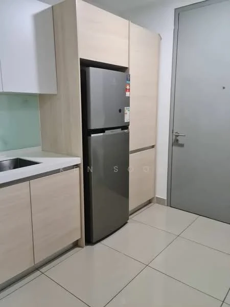 Kitchen features: stainless-steel fridge, single-bowl stainless-steel sink, chrome pull-down faucet, white cabinetry with flat-panel design, light-colored laminate countertop, ceramic tile flooring, wall-mounted cabinet, open shelving, glass backsplash, door leading to hallway; style: modern.