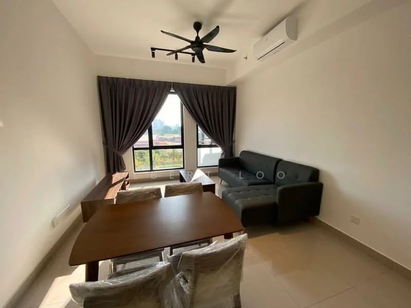 Living features: 5-blade ceiling fan, wall-mounted split AC, floor-to-ceiling windows, grey fabric sofa, wooden dining table, 4 dining chairs, curtains, tile flooring, white painted walls; style: modern; view: city.