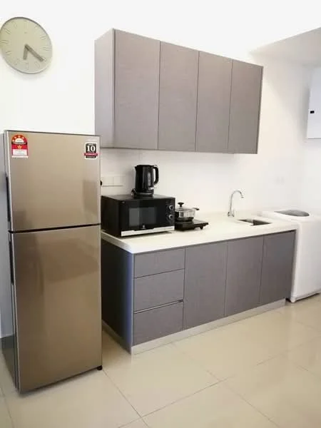 Kitchen features: grey cabinetry, white countertop, stainless-steel sink, chrome faucet, built-in microwave, stainless-steel fridge, black coffee machine, ceramic cooktop, wall clock, tile flooring; style: modern.