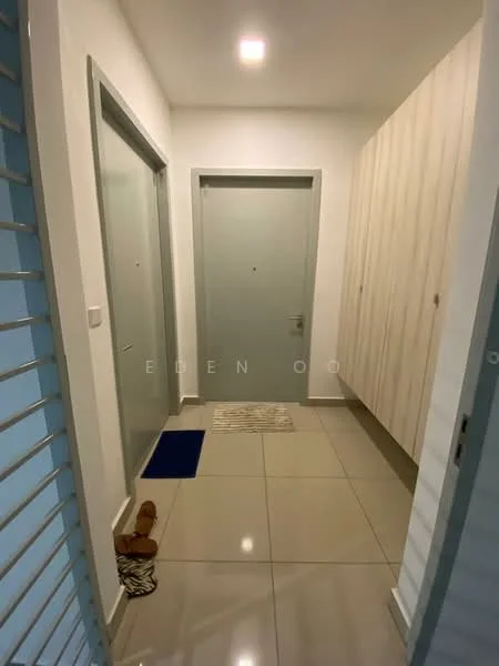 Room features: white painted walls, grey doors, light grey floor tiles, ceiling lights, shoe mat, wooden cabinet with vertical grain, door mat, sliding door, wall-mounted hooks; style: modern.