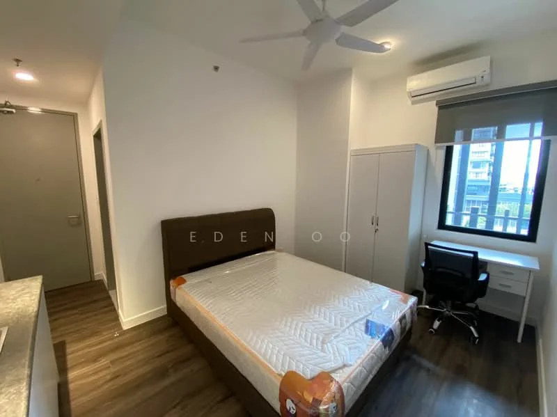 Bedroom features: queen-size bed, upholstered headboard, wooden wardrobe, study desk with chair, floor-to-ceiling window, roller blinds, wall-mounted split AC, laminate flooring, ceiling fan, white painted walls; style: modern; view: city.