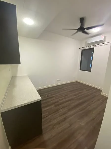Room features: light wood laminate flooring, white painted walls, sloped ceiling, recessed downlights, 5-blade ceiling fan, wall-mounted split AC, window with black frame, countertop with grey surface, dark cabinetry, curtain rod; style: modern.