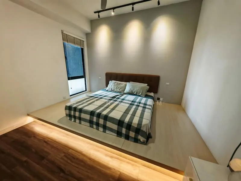 Bedroom features: king-size bed with upholstered headboard, plaid bedding, wooden flooring, grey accent wall, recessed downlights, floor-to-ceiling window, sheer curtains, built-in bedside tables, laminate flooring, decorative wall lighting; style: modern.