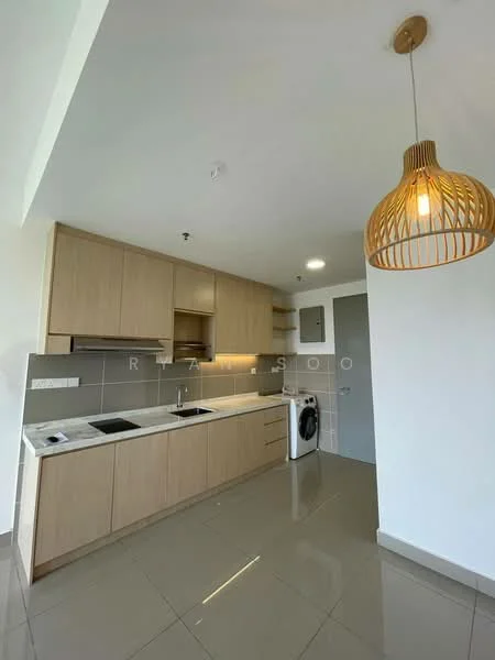 Kitchen features: light wood cabinetry, white countertop, single-bowl stainless-steel sink, chrome pull-down faucet, built-in stove, built-in oven, washing machine, grey tiled backsplash, recessed downlights, pendant light fixture, ceramic tile flooring, open layout; style: modern.