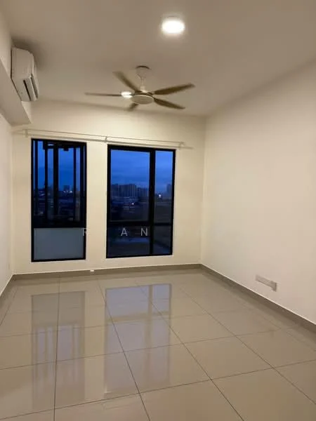 Room features: white painted walls, grey tiled flooring, 5-blade ceiling fan, floor-to-ceiling windows, curtains, wall-mounted split AC, city view; style: modern; view: city.