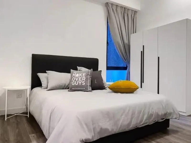 Bedroom features: king-size bed with black upholstered headboard, white bedding, decorative pillows, white bedside table, grey curtains, laminate flooring, built-in wardrobe with white doors, wall-mounted window, blue view through window; style: modern.