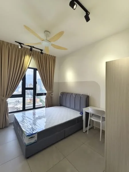 Bedroom features: queen-size bed with grey upholstered headboard, white mattress, ceiling fan with 3 blades, floor-to-ceiling windows, curtains in beige, light-colored walls, tile flooring, study desk in white, chair in white, built-in wardrobe in light wood; style: modern; view: city.