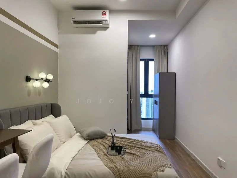 Bedroom features: queen-size bed with upholstered headboard, white bedding, wooden bedside table, 2 bedside lamps, 1 wall-mounted light fixture, floor-to-ceiling window, curtains, air conditioning unit, wooden flooring, decorative items on bedside table, neutral wall color with accent wall; style: modern; view: city.