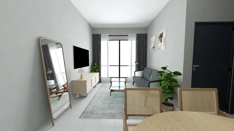 Living features: grey painted walls, white ceiling, floor-to-ceiling windows, light grey area rug, 3-seater fabric sofa in grey, wooden coffee table, TV console with storage, wall-mounted TV, decorative mirror, indoor plant, dining table with rattan chairs; style: modern; view: city.