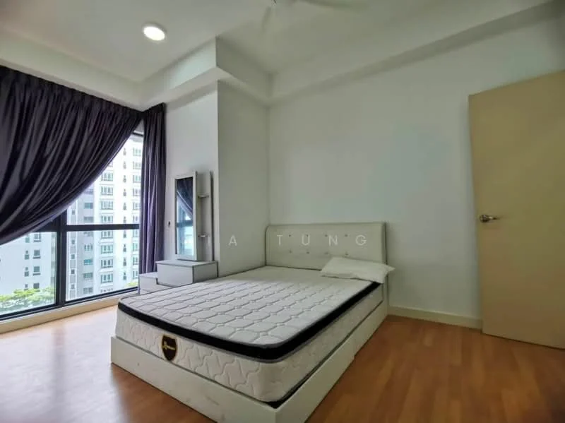 Bedroom features: queen-size bed, wooden flooring, floor-to-ceiling windows, blackout curtains, ceiling fan, white painted walls, mirror, single pillow, empty bed frame; style: modern; view: city.