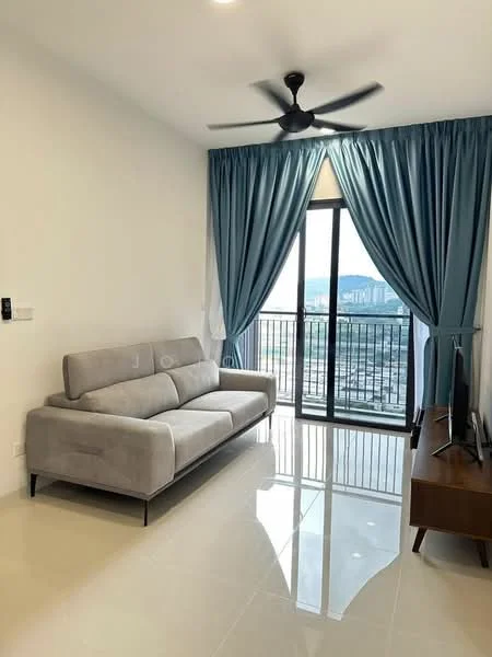 Living features: 3-seater fabric sofa in grey, floor-to-ceiling windows, sheer curtains in light blue, black ceiling fan with light, glossy tile flooring, wooden TV console, wall-mounted TV, city view from window; style: modern; view: city.