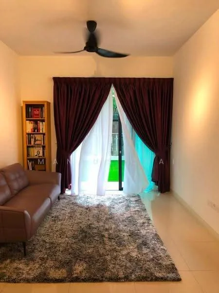 Living features: 3-seater leather sofa in brown, area rug with geometric pattern, floor-to-ceiling sliding glass door, sheer curtains, blackout curtains, ceiling fan with light, white painted walls, tile flooring; style: modern; view: garden.