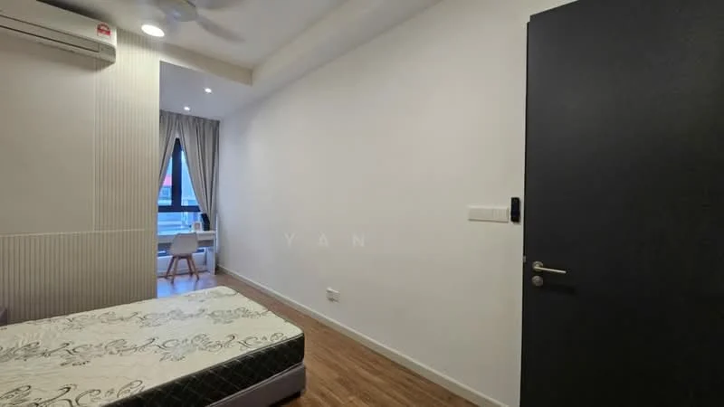 Bedroom features: wooden flooring, white painted walls, ceiling fan, floor-to-ceiling window, curtains, queen-size bed, upholstered headboard, side table, desk with chair, built-in wardrobe, light fixture; style: modern.