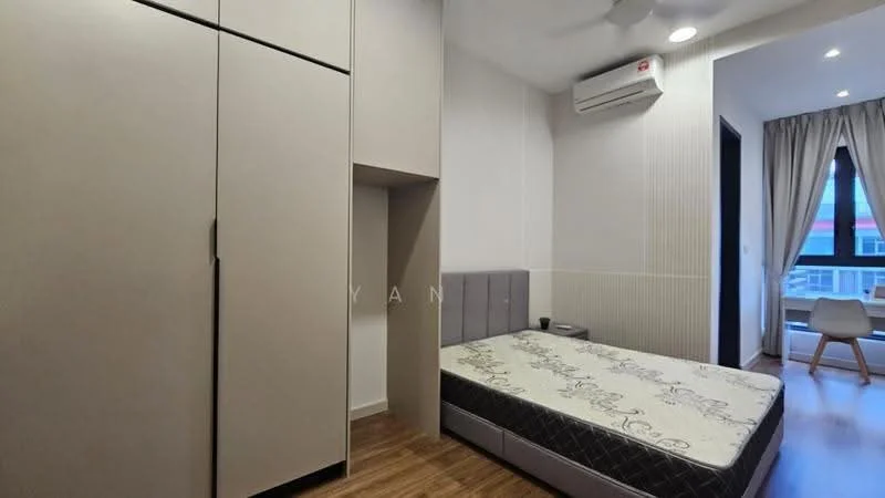 Bedroom features: queen-size bed, upholstered headboard, built-in wardrobe with sliding doors, wooden flooring, wall-mounted split AC, floor-to-ceiling window, sheer curtains, decorative wall paneling, nightstand, light fixture; style: modern.