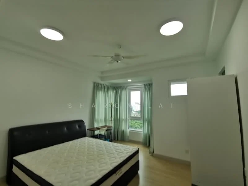 Bedroom features: queen-size bed, upholstered headboard, 2 round ceiling lights, 5-blade ceiling fan, floor-to-ceiling window, curtains, wooden flooring, small study table, white wardrobe, green view; style: modern; view: garden.