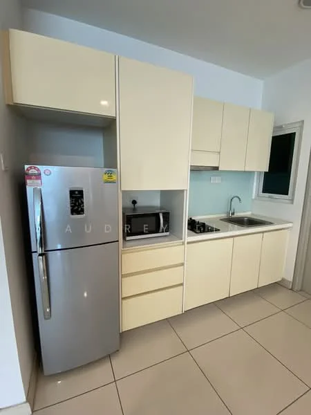 Kitchen features: light beige cabinetry, stainless-steel fridge, built-in microwave, single-bowl stainless-steel sink, chrome pull-down faucet, countertop with storage below, ceramic tile flooring, white walls, window with view, modern design; style: modern.