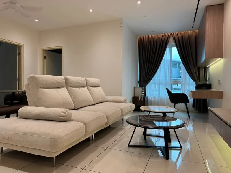 Living features: 3-seater fabric sofa in light beige, coffee table with marble top, floor-to-ceiling windows, sheer curtains, dark brown curtains, wall-mounted TV, TV console, recessed downlights, tile flooring, decorative wall panel, study desk, chair; style: modern.