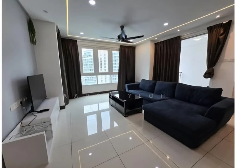 Living features: 3-seater fabric sofa in navy blue, coffee table with black surface, wall-mounted TV, white TV console, recessed LED downlights, ceiling fan, floor-to-ceiling windows, dark curtains, white walls, glossy tile flooring; style: modern; view: city.