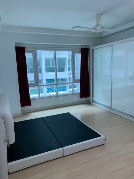 Bedroom features: light wood flooring, white walls, floor-to-ceiling windows, red curtains, ceiling fan, built-in wardrobe with sliding doors, platform bed base, natural light; style: modern; view: pool.