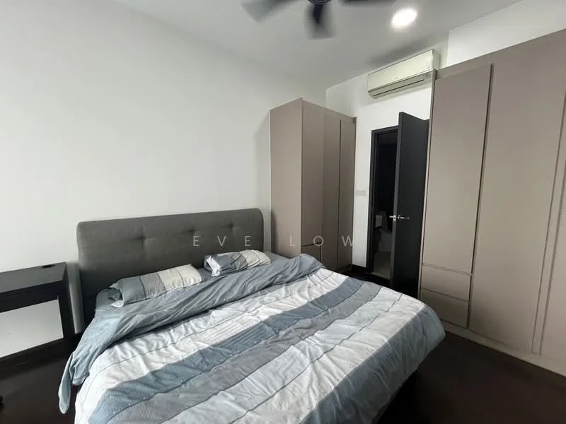 Bedroom features: king-size bed with grey upholstered headboard, bedding with blue and white stripes, built-in wardrobe with sliding doors, dark wood flooring, ceiling fan, wall-mounted air conditioning unit, desk with chair, white painted walls, nightstand; style: modern.