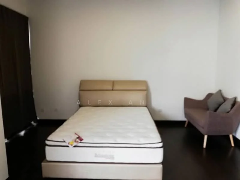 Bedroom features: queen-size bed with upholstered headboard, mattress without bedding, grey fabric armchair, dark wood flooring, white painted walls, floor-to-ceiling window with dark curtains; style: modern.