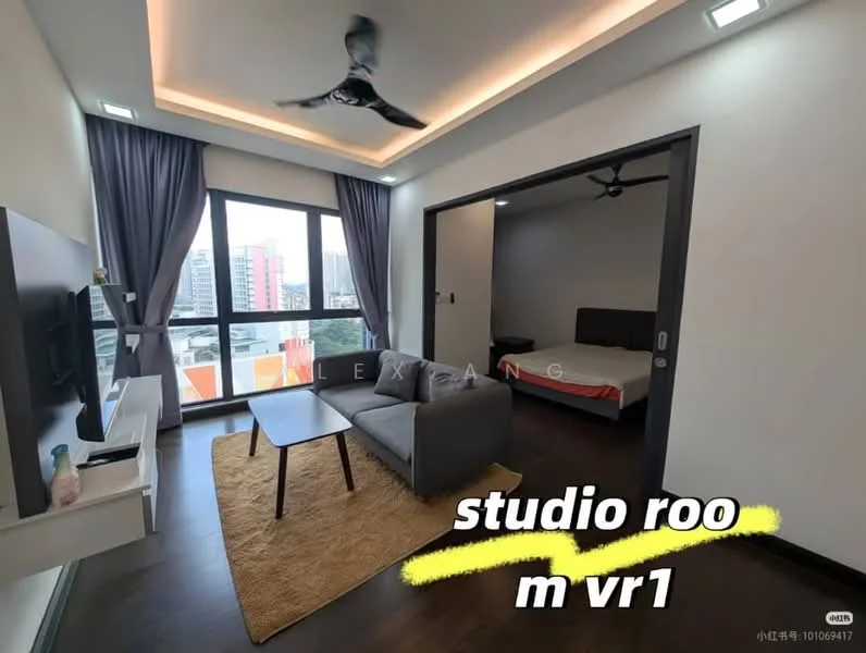 Living features: grey fabric sofa, coffee table, wall-mounted TV, floor-to-ceiling windows, dark wood flooring, ceiling fan, recessed lighting, decorative wall with TV console, area rug, curtains, open layout to bedroom; style: modern; view: city. Bedroom features: queen-size bed, grey upholstered headboard, nightstand, floor-to-ceiling windows, dark wood flooring, ceiling fan, curtains; style: modern; view: city.