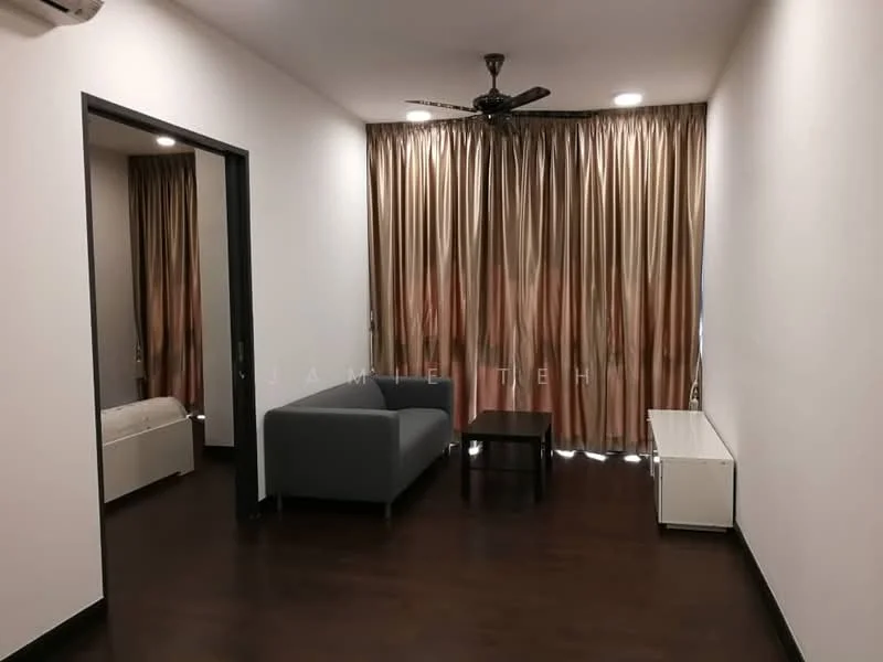Living features: dark wood flooring, white painted walls, 5-blade ceiling fan, sofa in grey fabric, coffee table, window with sheer curtains, wall-mounted split AC, decorative wall with door opening; style: modern.