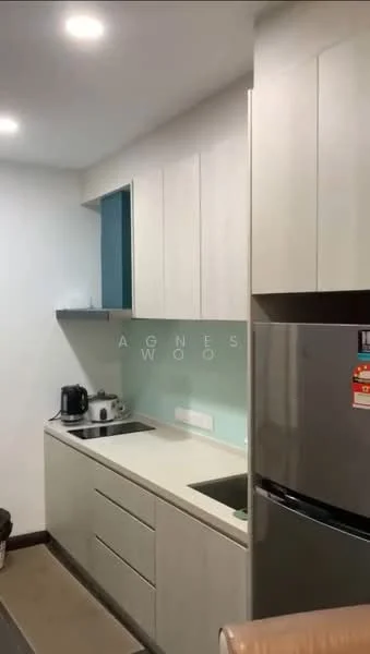Kitchen features: light grey cabinetry, white countertop, stainless-steel fridge, built-in oven, ceramic cooktop, black kettle, silver coffee machine, single-bowl stainless-steel sink, chrome pull-down faucet, glass backsplash, under-cabinet lighting, wall-mounted cabinets, open shelving; style: modern.