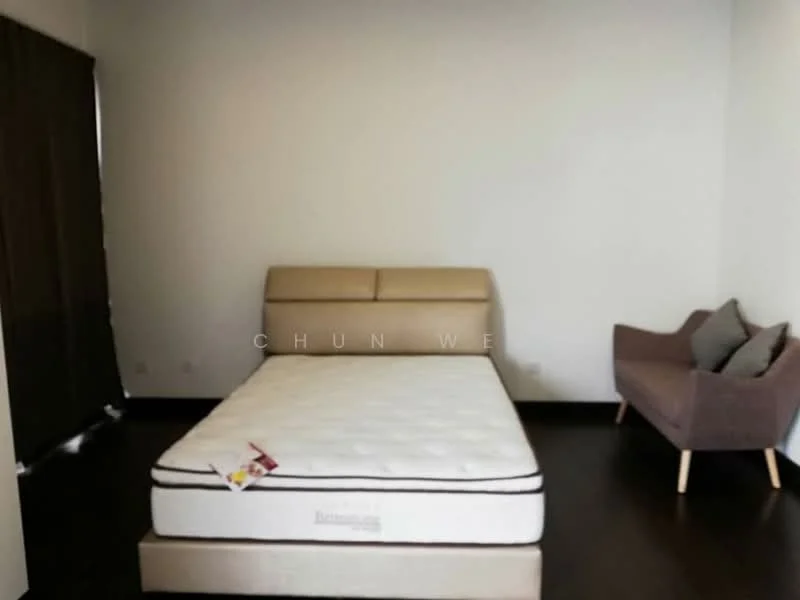 Bedroom features: queen-size bed with upholstered headboard, dark wood flooring, plain white walls, floor-to-ceiling window with sheer curtains, grey fabric armchair, decorative cushions on armchair; style: modern.
