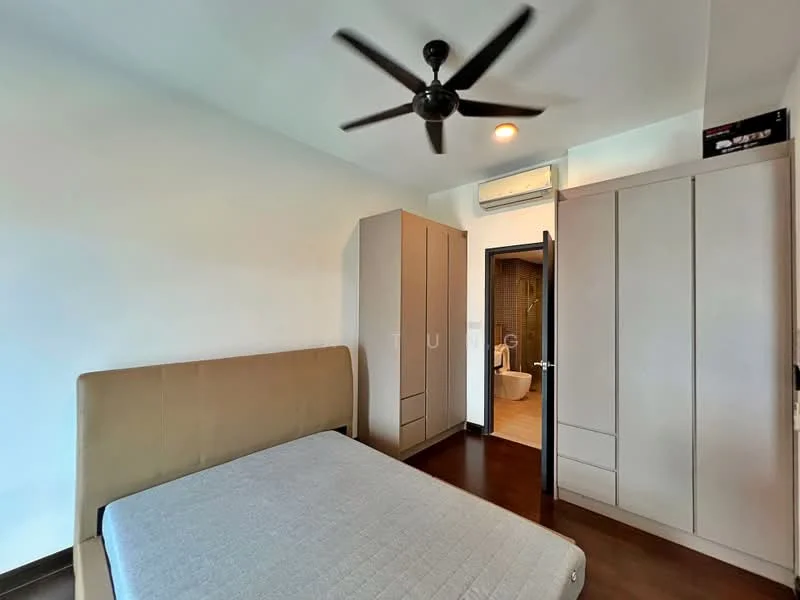 Bedroom features: queen-size bed, upholstered headboard, built-in wardrobe with sliding doors, wooden flooring, ceiling fan, recessed lighting, air conditioning unit, neutral painted walls, window with natural light, decorative wall shelf; style: modern.