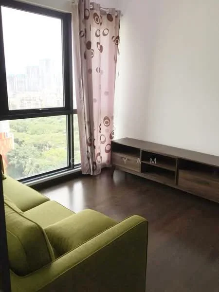 Living features: green fabric sofa, wooden TV console, floor-to-ceiling windows, curtains with circular pattern, dark wood flooring, view of greenery, wall with white paint, natural light from window; style: modern; view: garden.