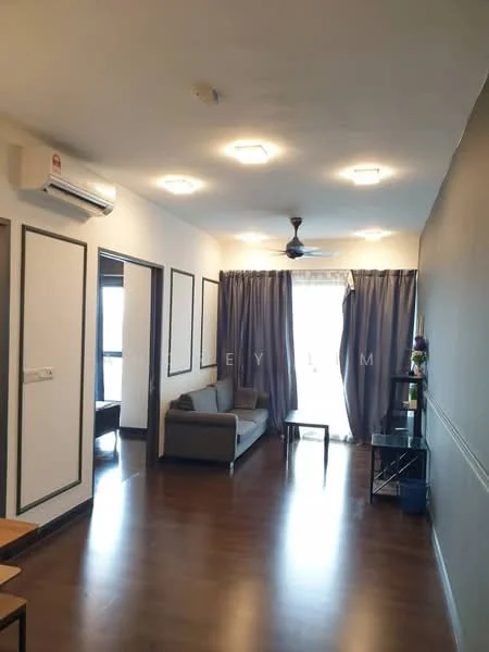 Living features: laminate flooring, grey accent wall, white painted walls, 5-blade ceiling fan with light, recessed downlights, floor-to-ceiling windows, sheer curtains, sofa in grey, coffee table, TV console, wall-mounted TV, decorative mirror; style: modern; view: city.