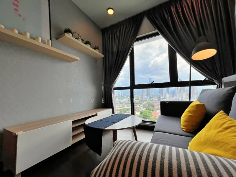 Living features: grey fabric sofa, yellow accent cushion, wooden coffee table, wall-mounted shelf, decorative plants on shelf, floor-to-ceiling windows, curtains, city skyline view, recessed lighting; style: modern; view: city.