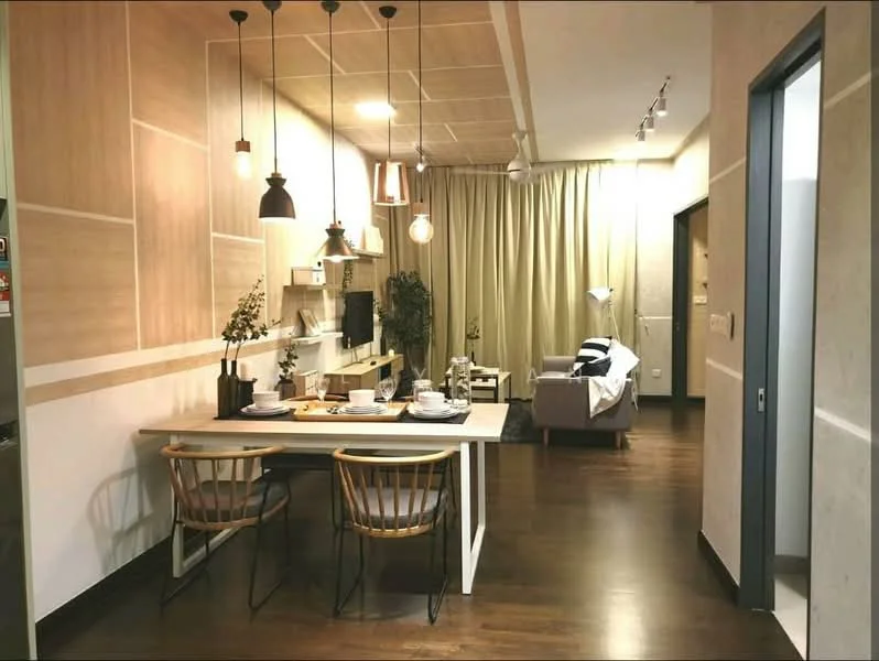 Dining features: wooden dining table, 4 dining chairs, pendant lighting, decorative wall shelves, wall-mounted TV, wood panel accent wall, dark wood flooring, neutral wall color; style: modern. Living features: sofa, floor lamp, curtains, coffee table, decorative plants, wall-mounted TV, area rug; style: modern.