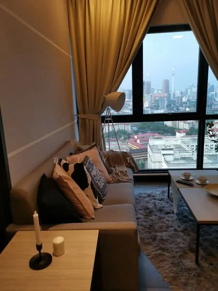 Living features: 3-seater fabric sofa in light grey, decorative throw pillows in various patterns, wooden coffee table, area rug with plush texture, floor-to-ceiling windows, city skyline view, curtains in light beige, modern floor lamp, decorative candle on table, ceramic cups on coffee table; style: modern; view: city.