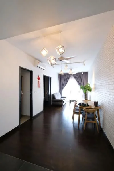 Living features: dark wood flooring, white painted walls, exposed brick accent wall, 5-blade ceiling fan with light, recessed downlights, floor-to-ceiling windows with sheer curtains, sofa in grey fabric, wooden dining table, 4 dining chairs, indoor plant, decorative wall art; style: modern. Room features: doorway leading to another room, doorway leading to bathroom.