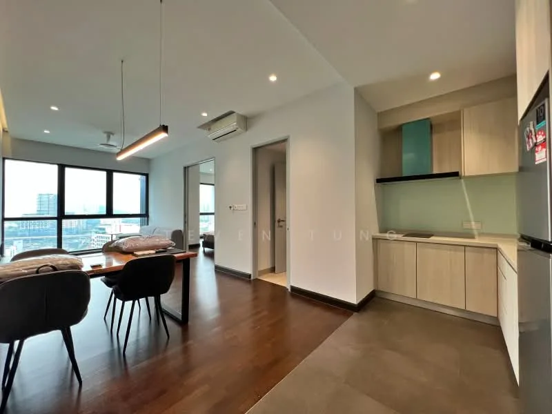 Dining features: dining table for 4, black upholstered dining chairs, wooden dining table, floor-to-ceiling windows, city view, recessed LED downlights, wooden flooring; style: modern; view: city. Kitchen features: built-in cabinetry, light wood cabinetry, green backsplash, stainless-steel fridge, single-bowl stainless-steel sink, chrome pull-down faucet, countertop with overhang, open layout; style: modern.