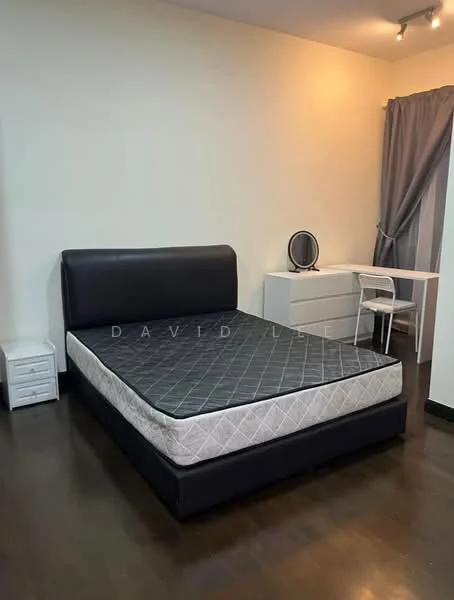 Bedroom features: queen-size bed with black upholstered headboard, mattress on bed frame, white bedside table, white desk with chair, round mirror on desk, grey curtain, dark wood flooring, white painted walls, ceiling light fixture; style: modern.