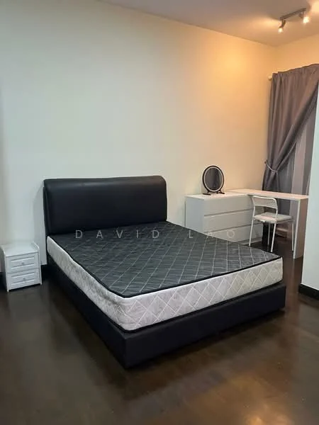 Bedroom features: king-size bed with black upholstered headboard, mattress with grey cover, white bedside table, white desk with chair, round mirror on desk, grey curtain, dark wood flooring, recessed ceiling lights, plain white walls; style: modern.