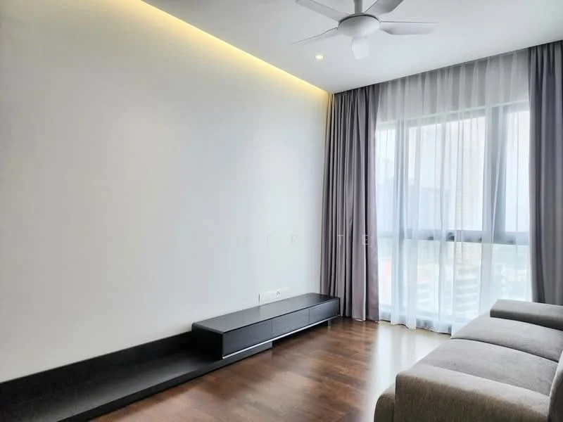 Living features: grey fabric sofa, wooden flooring, white painted walls, recessed lighting, 5-blade ceiling fan, floor-to-ceiling windows, sheer curtains, black TV console, LED strip lighting, dark accent wall; style: modern; view: city.
