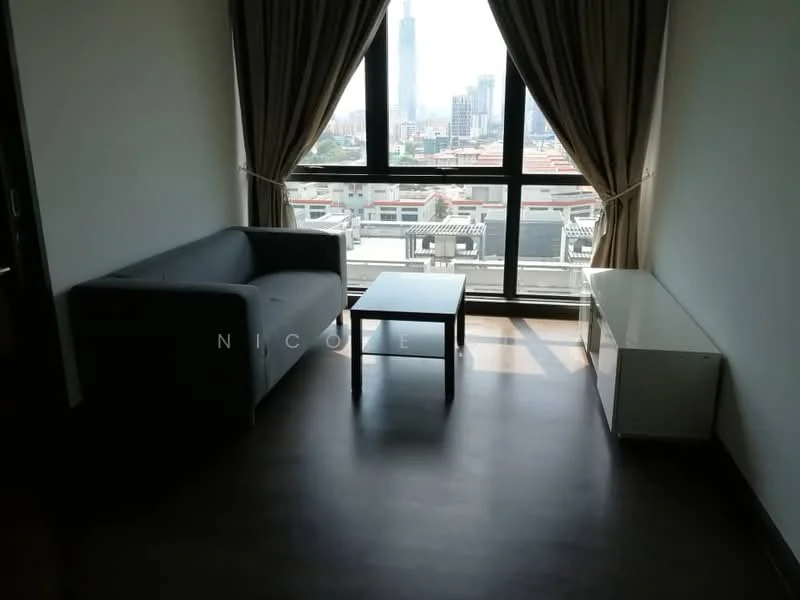 Living features: floor-to-ceiling windows, grey fabric sofa, coffee table, white storage cabinet, curtains, wooden flooring, city view; style: modern; view: city.